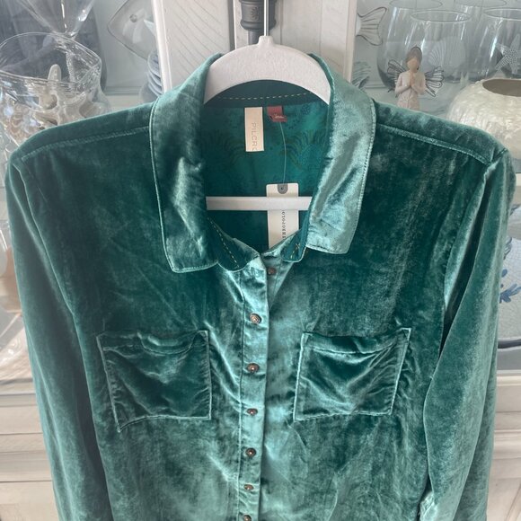 PILCRO RELAXED VELVET BUTTON DOWN ANTHROPOLOGIE GREEN SIZE M NWT - Picture 4 of 11